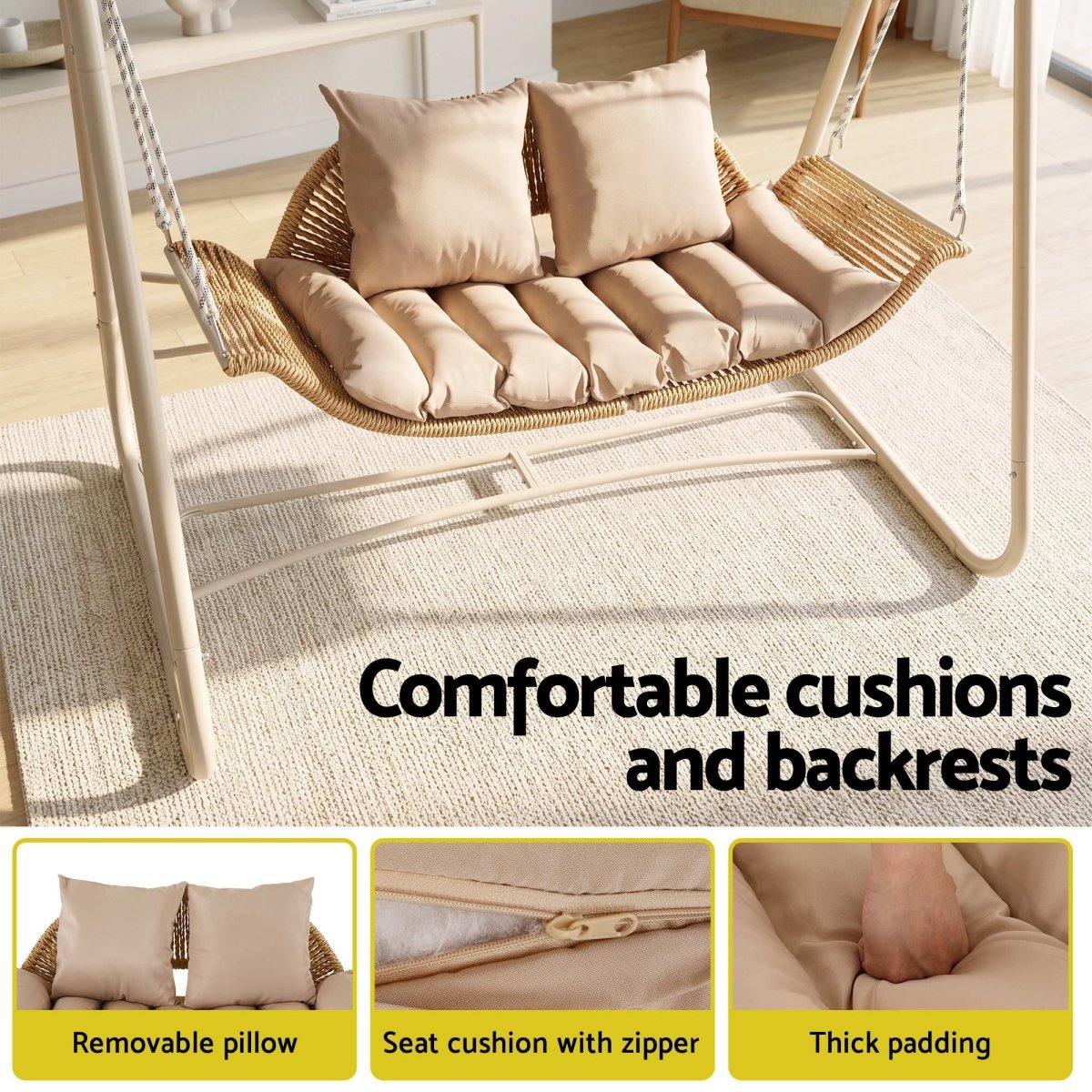 Gardeon 2-Seater Rattan Outdoor Swing Chair with Canopy – Beige – view 5