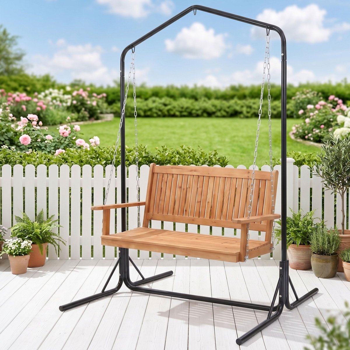Gardeon 2-Seater Wooden Outdoor Swing Chair with Stand – Teak