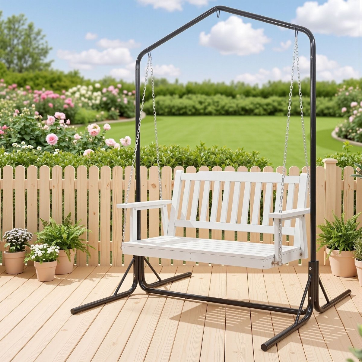 Gardeon 2-Seater Wooden Outdoor Swing Chair with Stand – White
