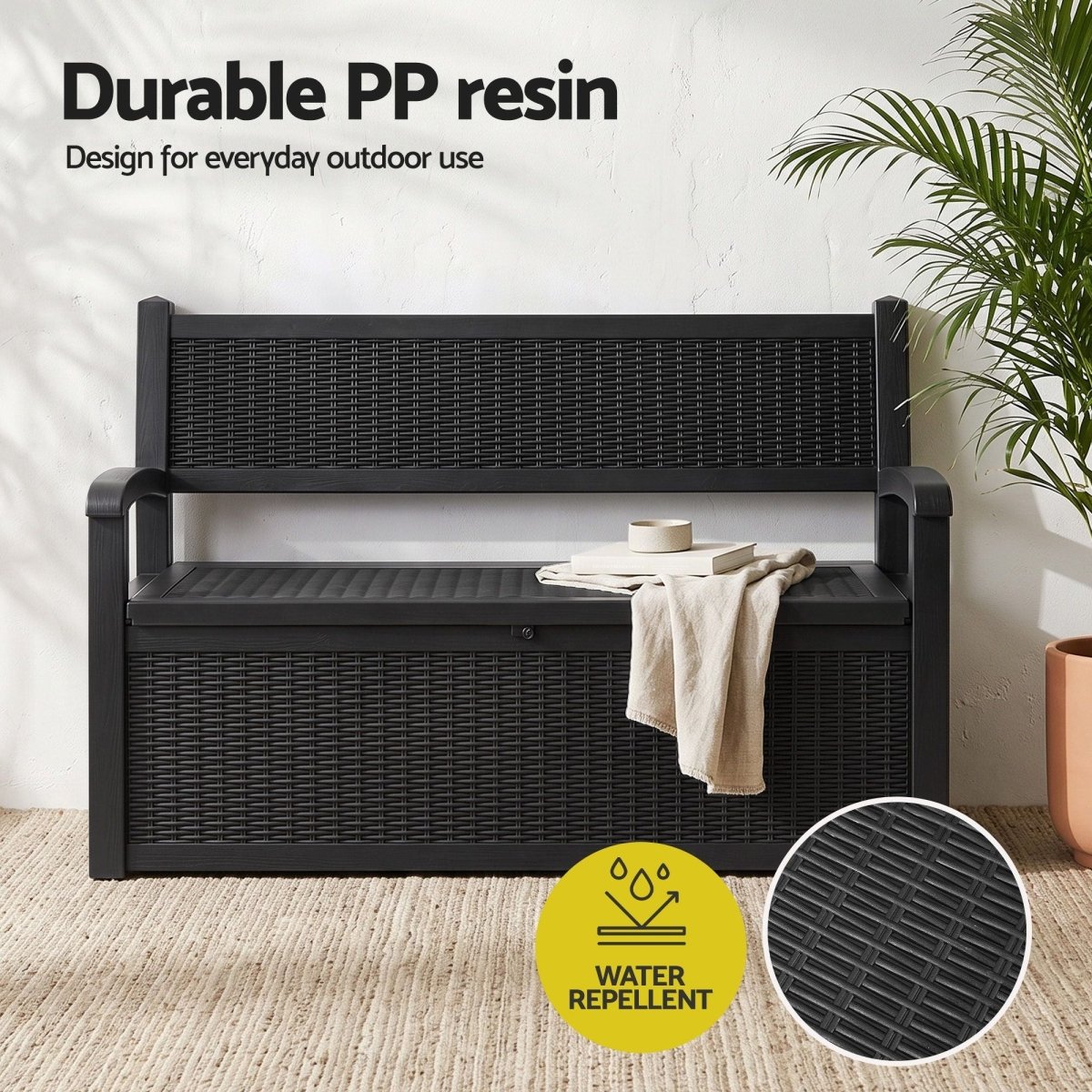 Gardeon 254L Outdoor Storage Bench with Backrest - Black – product gallery image 8