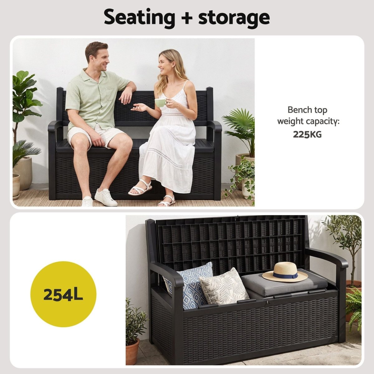 Gardeon 254L Outdoor Storage Bench with Backrest - Black – product gallery image 5