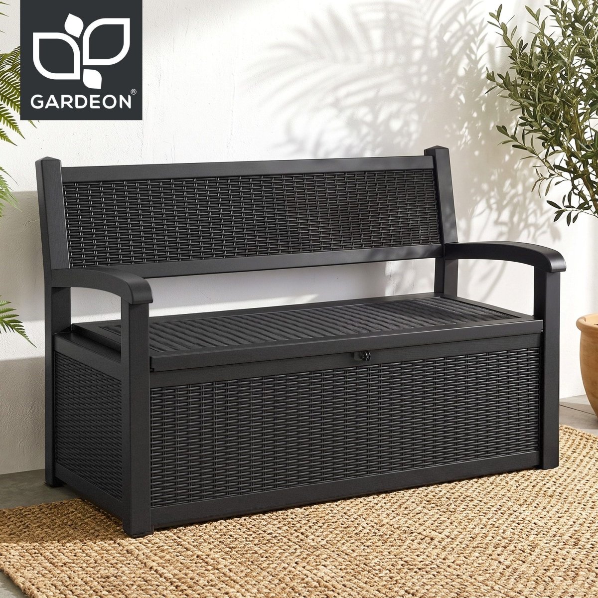 Gardeon black 254L outdoor storage bench with armrests and backrest