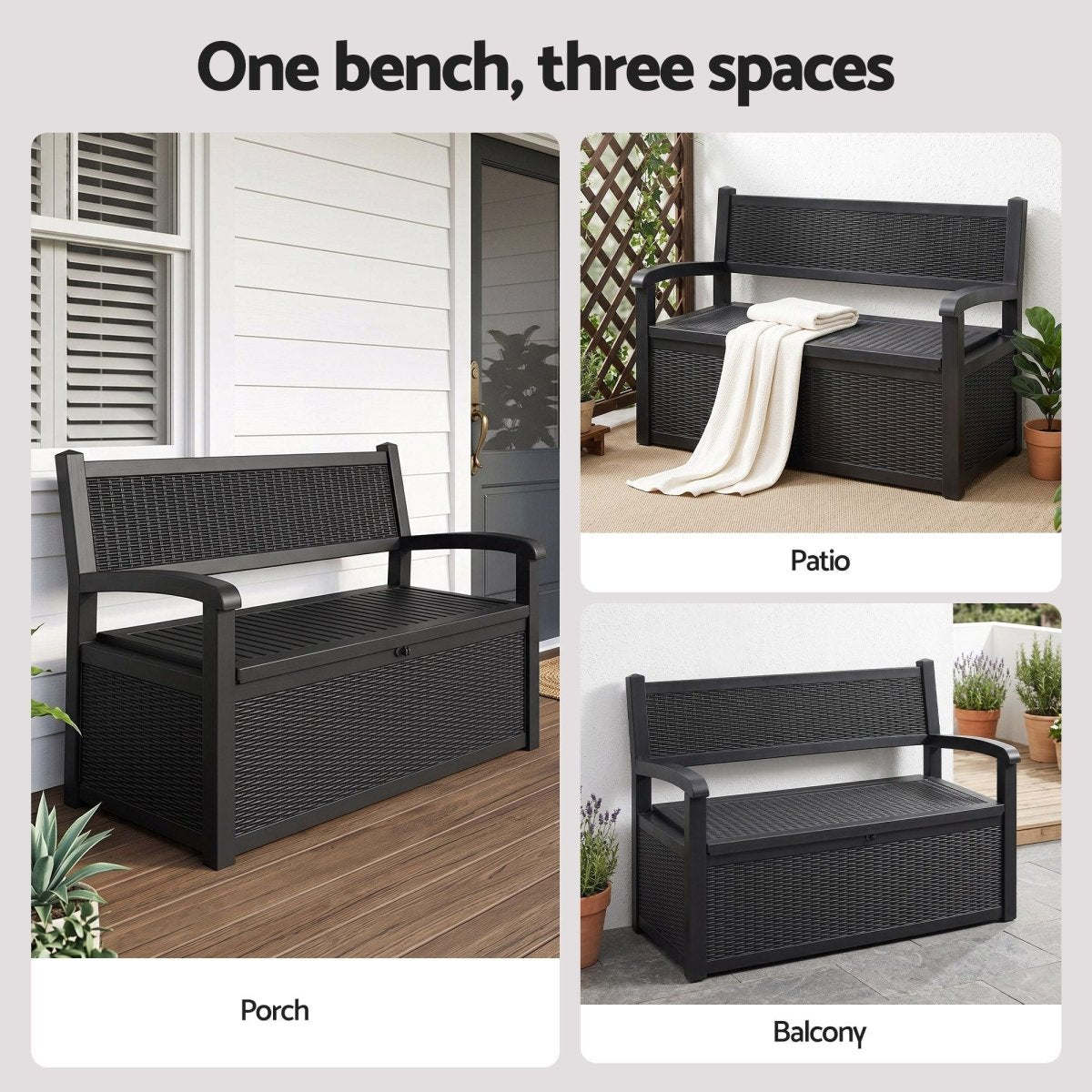 Gardeon 254L Outdoor Storage Bench with Backrest - Black – product gallery image 7