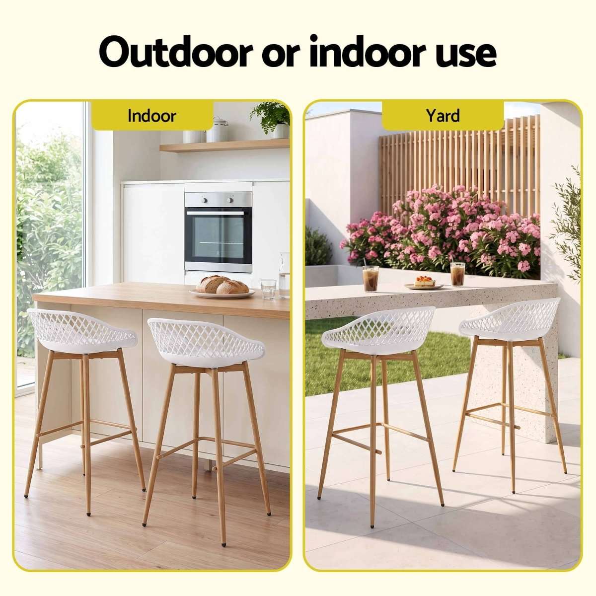 Gardeon 2PC Outdoor Bar Stools Plastic Metal Dining Chair Patio Furniture White | Furniture > Bar Stools & Chairs > Table & Bar Stools