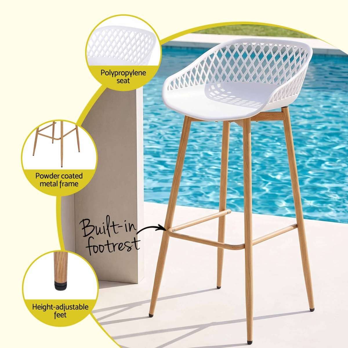 Gardeon 2PC Outdoor Bar Stools Plastic Metal Dining Chair Patio Furniture White | Furniture > Bar Stools & Chairs > Table & Bar Stools