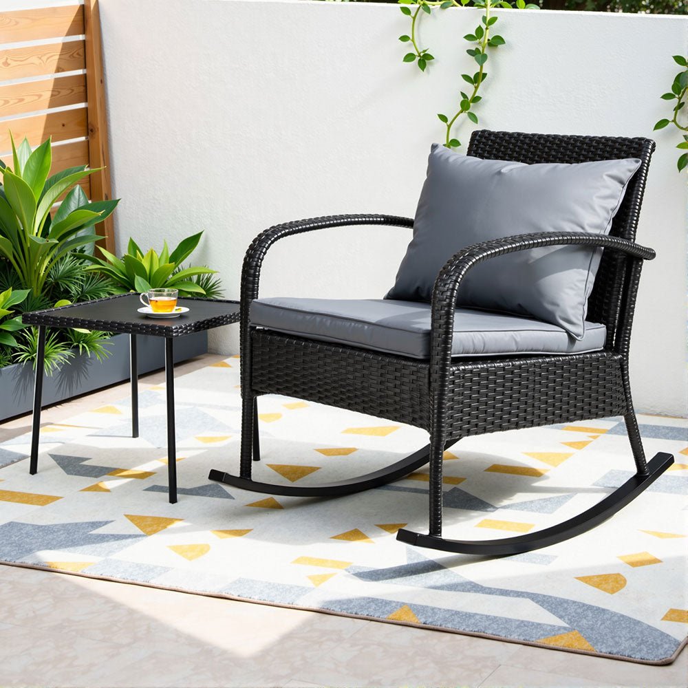 Gardeon 2PC Rocking Chair Table Wicker Outdoor Furniture Patio Lounge Setting - Outdoorium