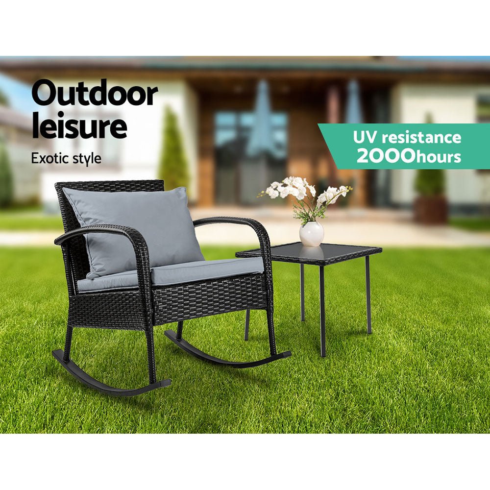 Gardeon 2PC Rocking Chair Table Wicker Outdoor Furniture Patio Lounge Setting - Outdoorium