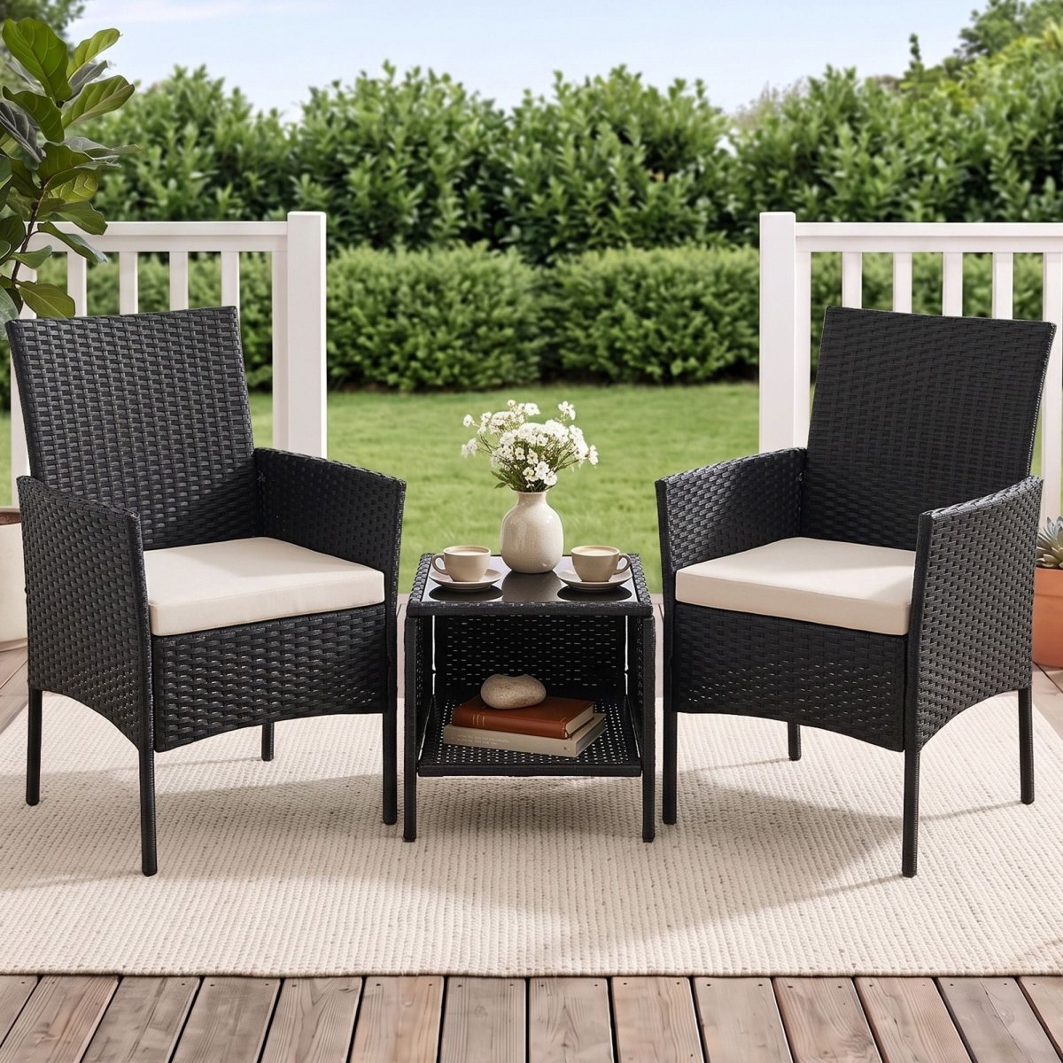 Gardeon 3PC Outdoor Bistro Set Patio Furniture Wicker Chairs Table Cushion Black