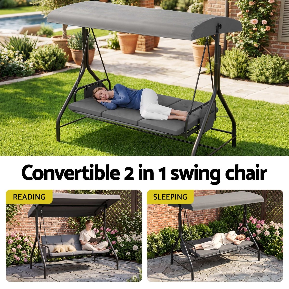 Gardeon 3-Seater Convertible Swing Chair Bed with Canopy - Grey – product gallery image 5
