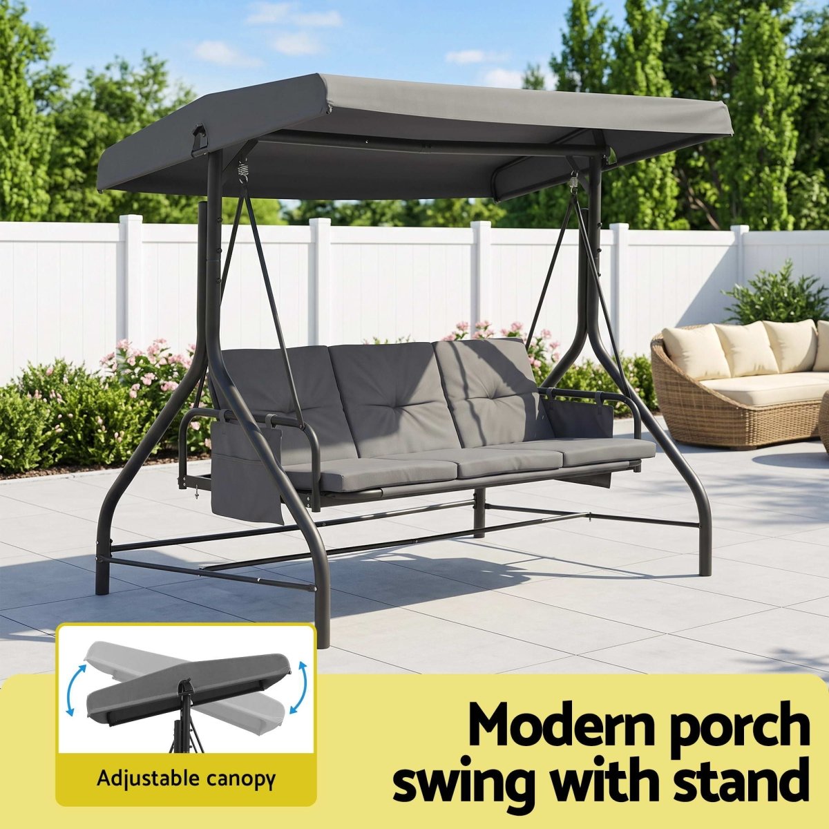 Gardeon 3-Seater Convertible Swing Chair Bed with Canopy - Grey – product gallery image 7