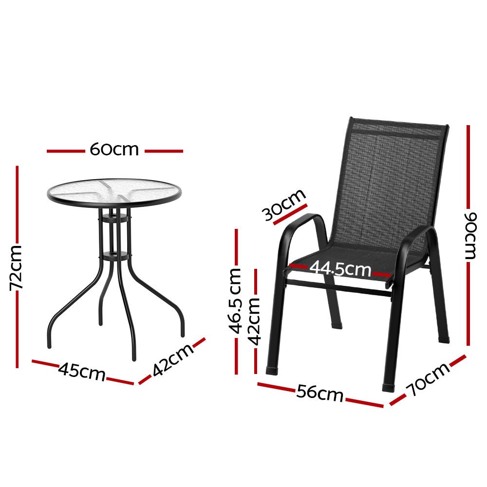Gardeon 3PC Bistro Set Outdoor Table and Chairs Stackable Outdoor Furniture Black - Outdoorium
