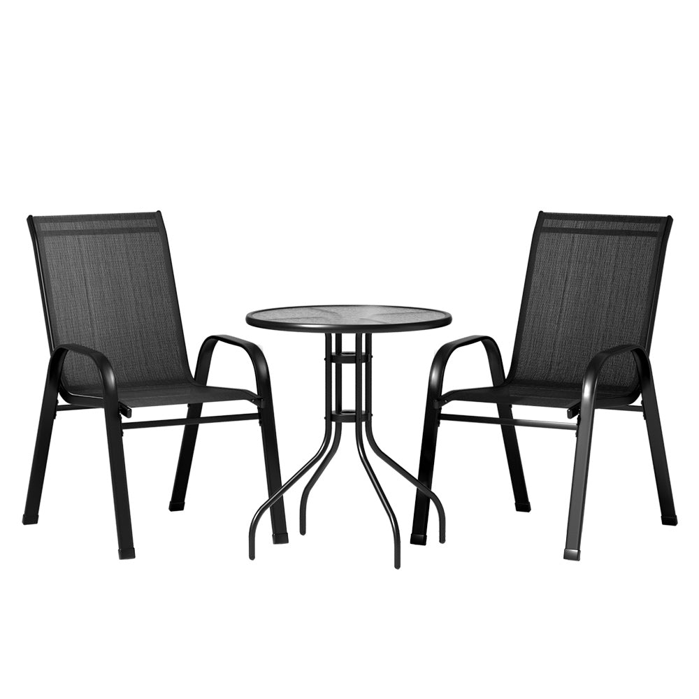 Gardeon 3PC Bistro Set Outdoor Table and Chairs Stackable Outdoor Furniture Black - Outdoorium