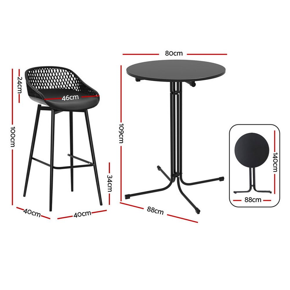 Gardeon 3PC Outdoor Bar Set Stools Dining Chairs Table Patio Furniture Bistro Set Black | Outdoorium
