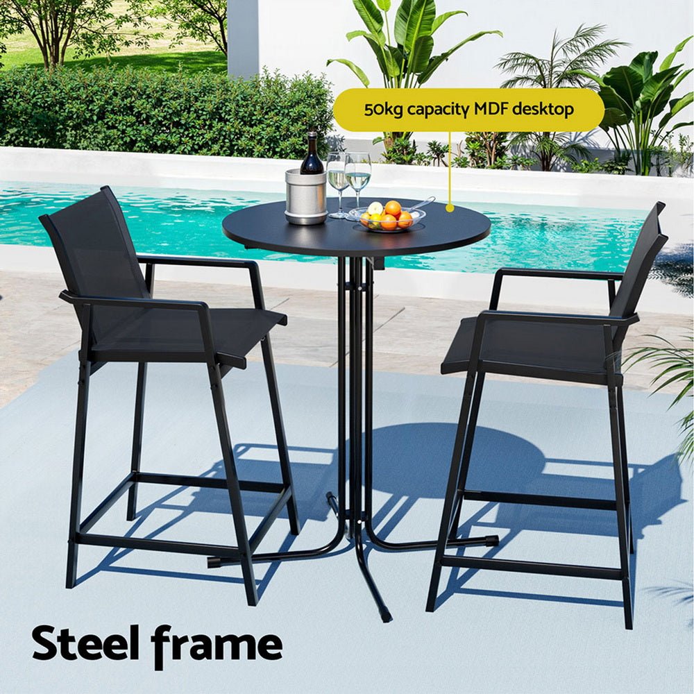 Gardeon 3PC Outdoor Bar Set Stools Dining Chairs Table Patio Furniture Bistro Set Steel Black | Outdoorium