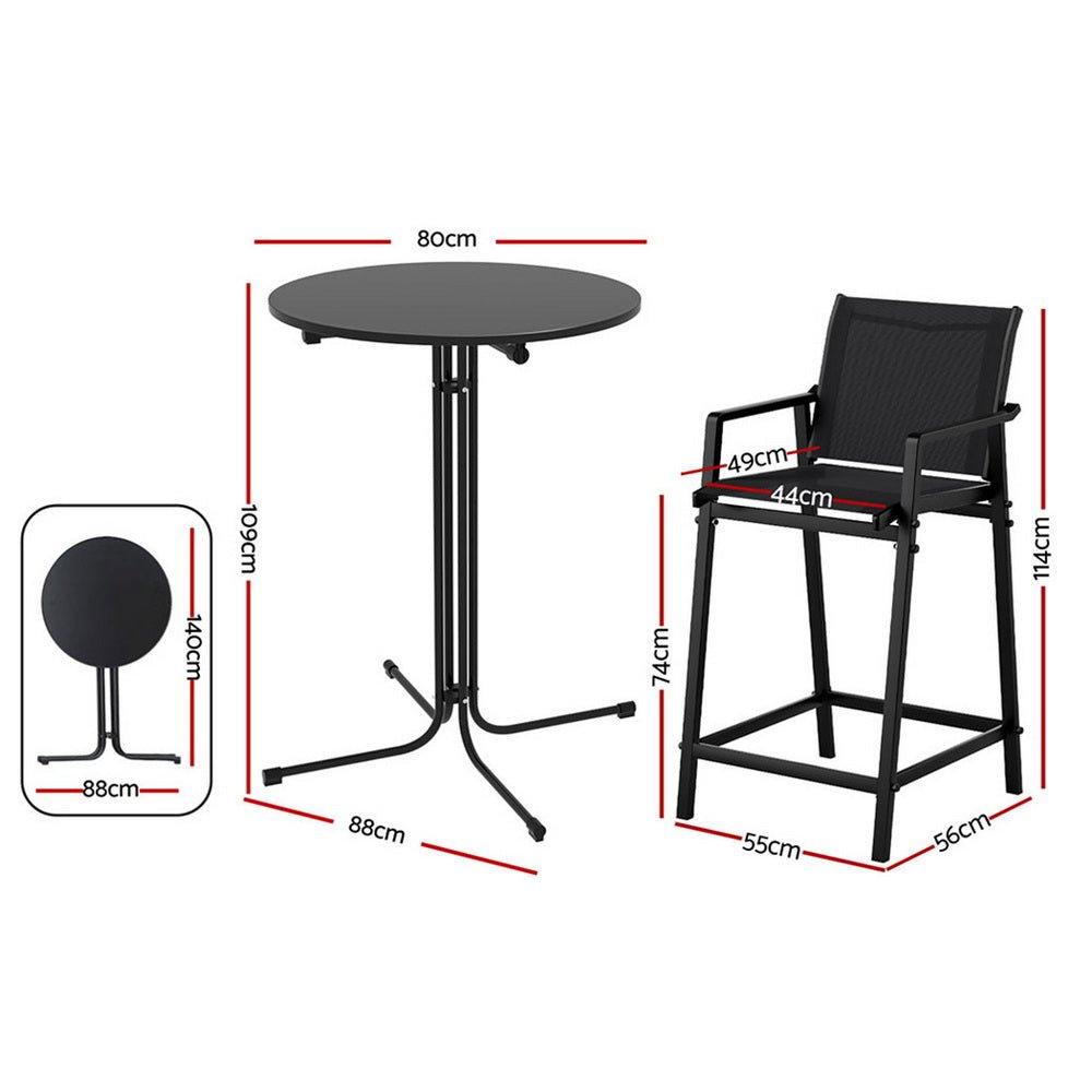 Gardeon 3PC Outdoor Bar Set Stools Dining Chairs Table Patio Furniture Bistro Set Steel Black | Outdoorium