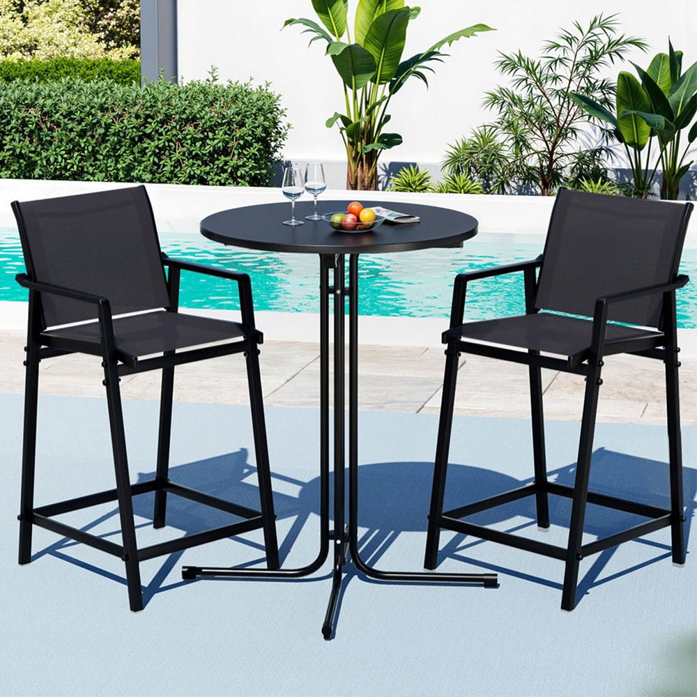 Gardeon 3PC Outdoor Bar Set Stools Dining Chairs Table Patio Furniture Bistro Set Steel Black | Outdoorium