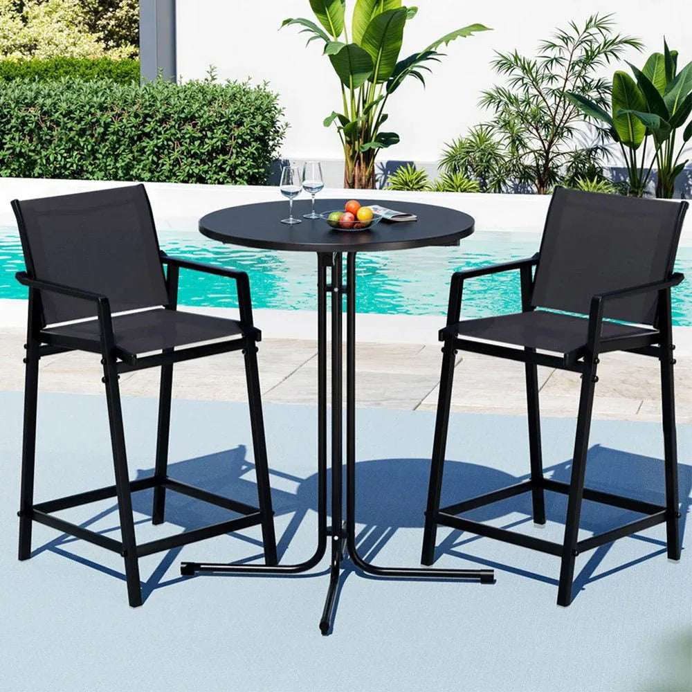 Gardeon 3PC Outdoor Bar Set Stools Dining Chairs Table Patio Furniture Bistro Set Steel Black | Furniture > Outdoor > Outdoor Dining Sets