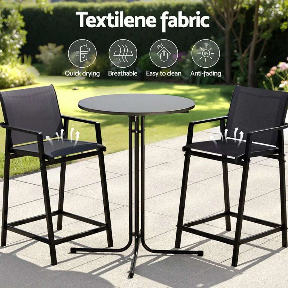 Gardeon 3PC Outdoor Bar Set Stools Dining Chairs Table Patio Furniture Bistro Set Steel Black | Furniture > Outdoor > Outdoor Dining Sets