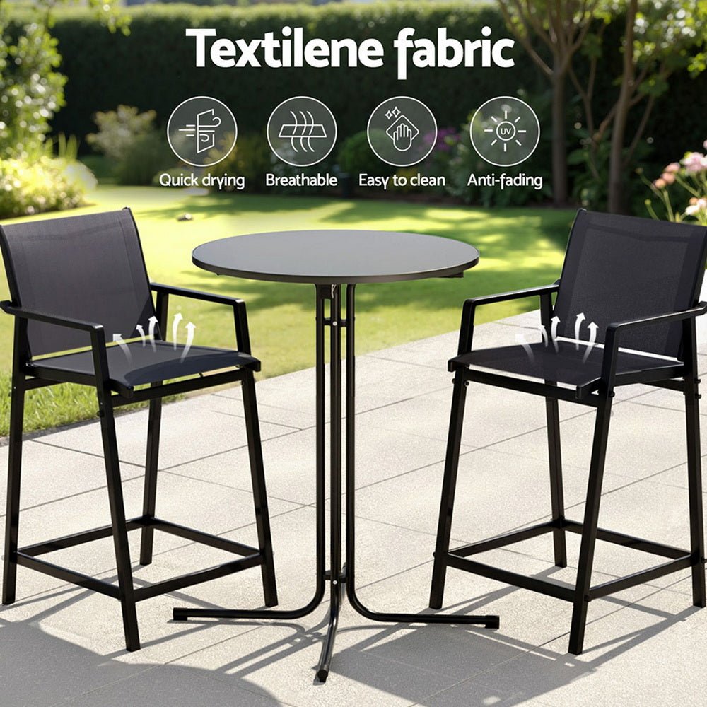 Gardeon 3PC Outdoor Bar Set Stools Dining Chairs Table Patio Furniture Bistro Set Steel Black | Outdoorium