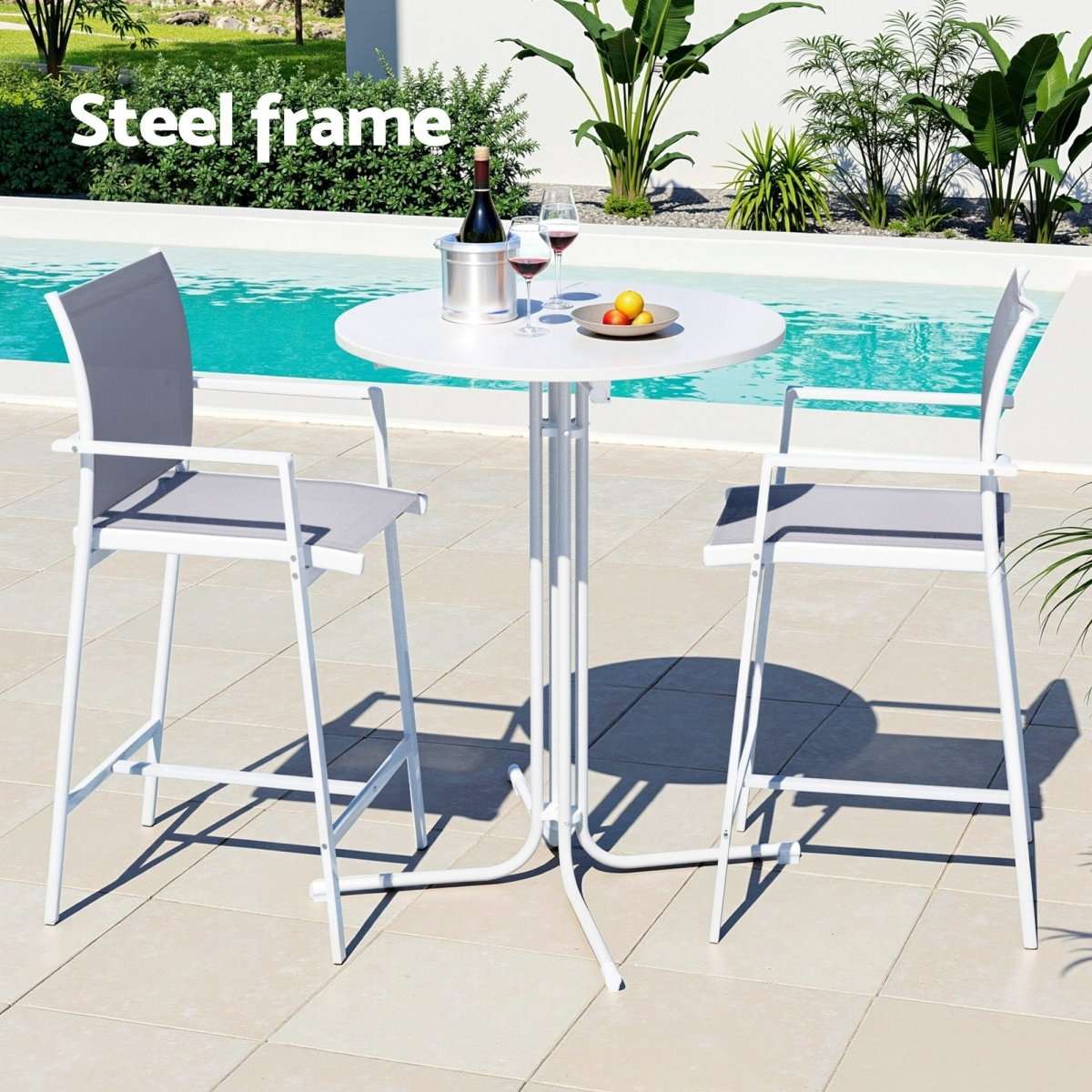 Gardeon 3PC Outdoor Bar Set Stools Dining Chairs Table Patio Furniture Bistro Set Steel White | Furniture > Bar Stools & Chairs > Table & Bar Stools
