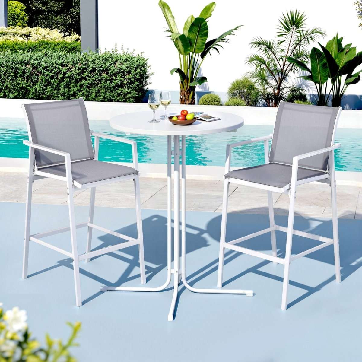 Gardeon 3PC Outdoor Bar Set Stools Dining Chairs Table Patio Furniture Bistro Set Steel White | Furniture > Bar Stools & Chairs > Table & Bar Stools