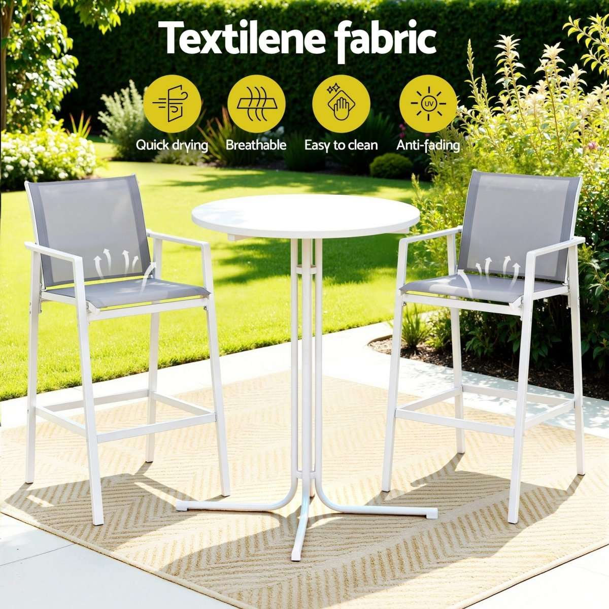 Gardeon 3PC Outdoor Bar Set Stools Dining Chairs Table Patio Furniture Bistro Set Steel White | Furniture > Bar Stools & Chairs > Table & Bar Stools