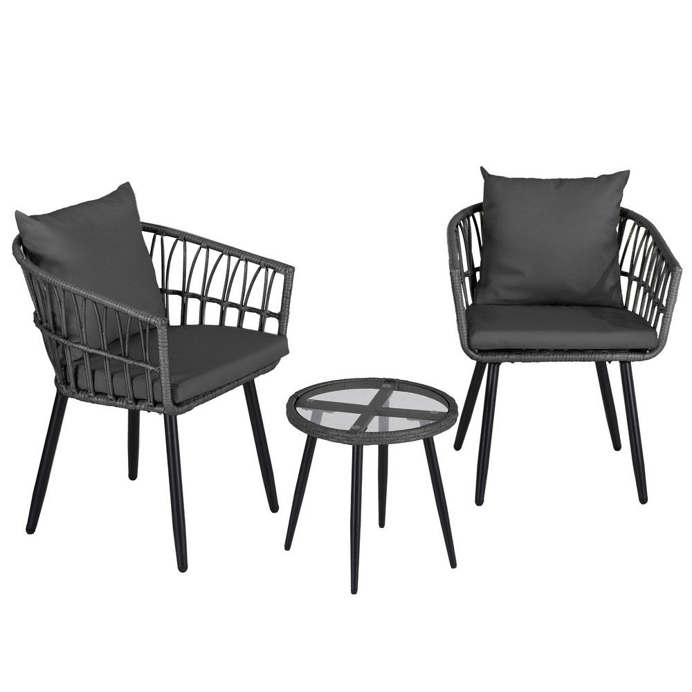 Gardeon 3PC Outdoor Bistro Set Patio Furniture Lounge Setting Table and Chairs Grey | Outdoorium