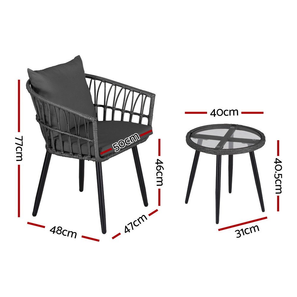 Gardeon 3PC Outdoor Bistro Set Patio Furniture Lounge Setting Table and Chairs Grey | Outdoorium