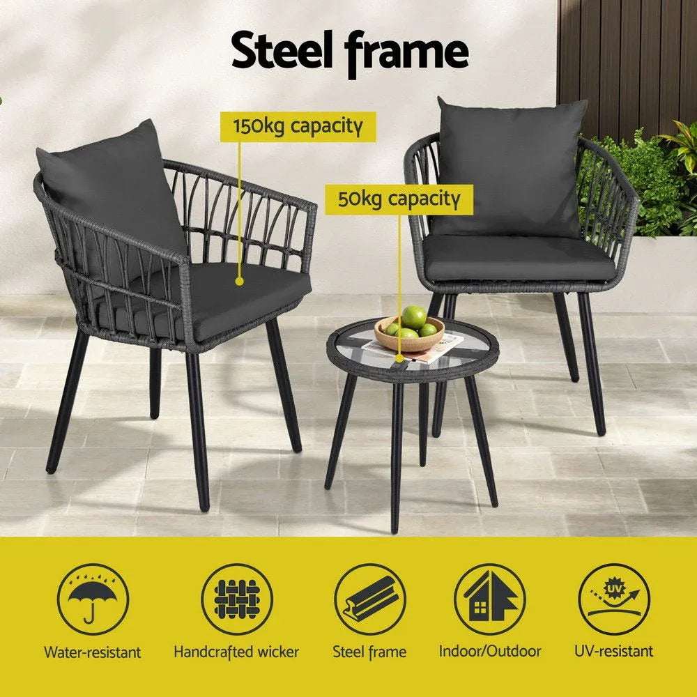 Gardeon 3PC Outdoor Bistro Set Patio Furniture Lounge Setting Table and Chairs Grey | Furniture > Outdoor > Outdoor Sofas & Lounge Sets