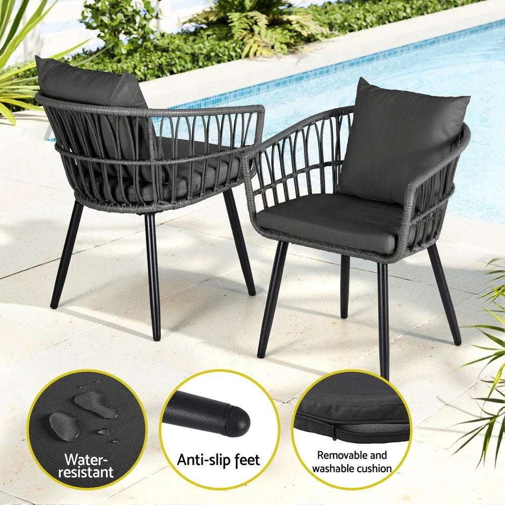 Gardeon 3PC Outdoor Bistro Set Patio Furniture Lounge Setting Table and Chairs Grey | Furniture > Outdoor > Outdoor Sofas & Lounge Sets