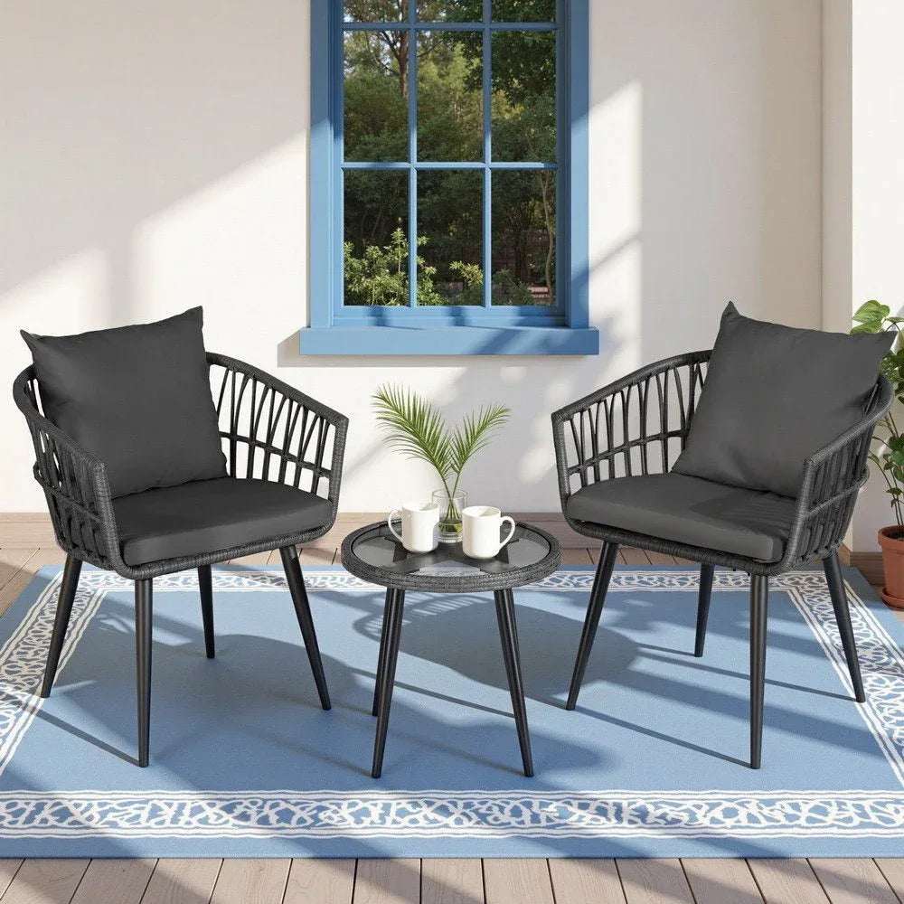 Gardeon 3PC Outdoor Bistro Set Patio Furniture Lounge Setting Table and Chairs Grey | Furniture > Outdoor > Outdoor Sofas & Lounge Sets