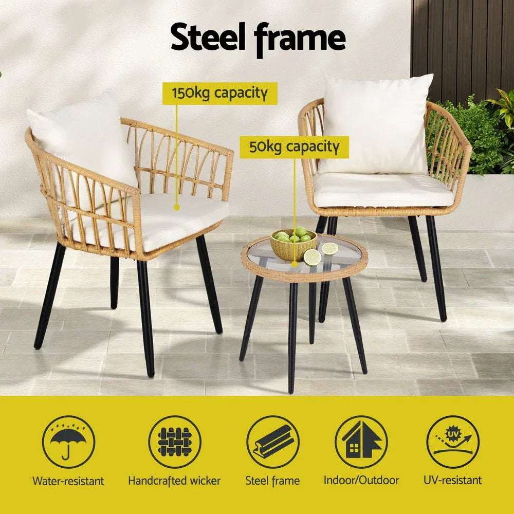 Gardeon 3PC Outdoor Bistro Set Patio Furniture Lounge Setting Table and Chairs Natural | Furniture > Outdoor > Outdoor Sofas & Lounge Sets