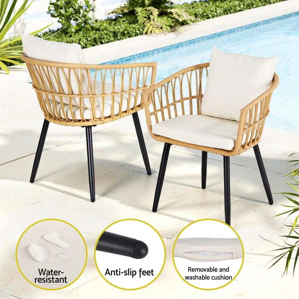 Gardeon 3PC Outdoor Bistro Set Patio Furniture Lounge Setting Table and Chairs Natural | Furniture > Outdoor > Outdoor Sofas & Lounge Sets