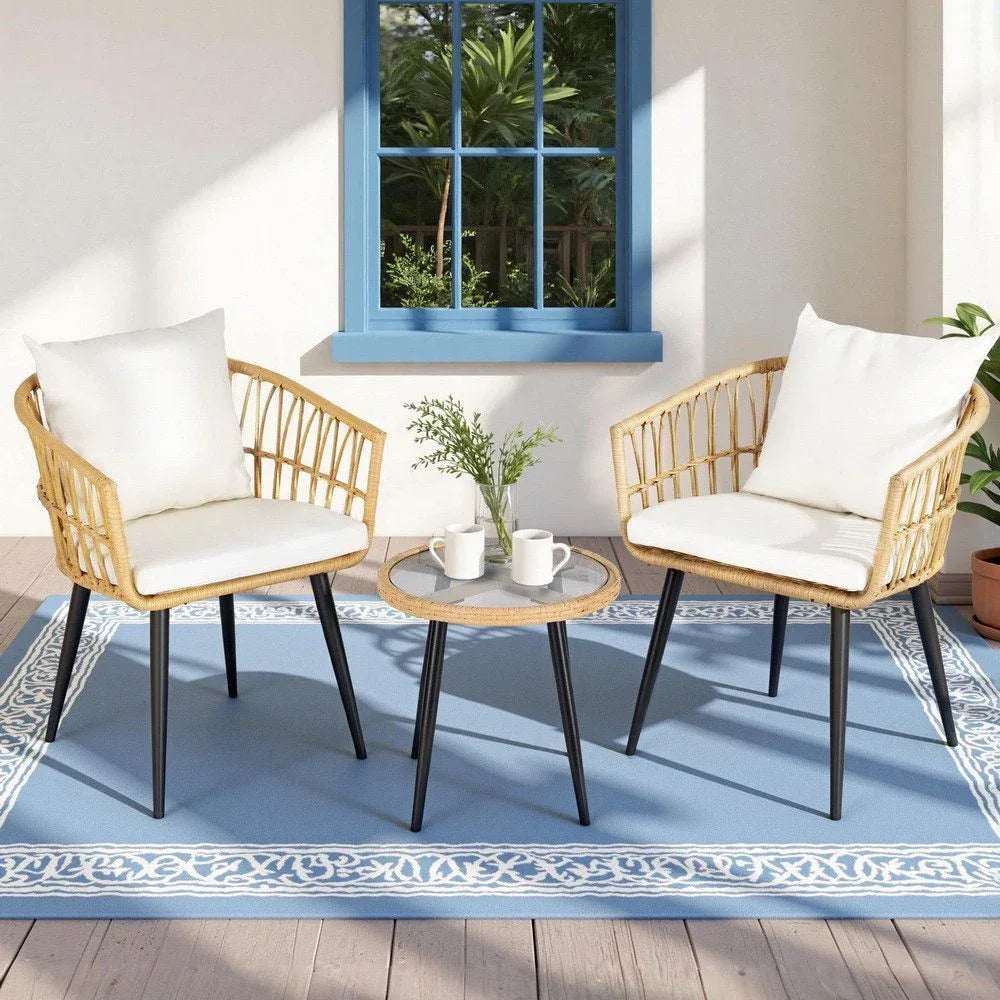 Gardeon 3PC Outdoor Bistro Set Patio Furniture Lounge Setting Table and Chairs Natural | Furniture > Outdoor > Outdoor Sofas & Lounge Sets