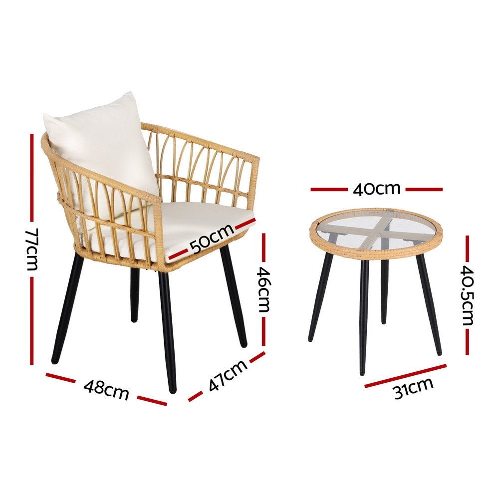 Gardeon 3PC Outdoor Bistro Set Patio Furniture Lounge Setting Table and Chairs Natural | Outdoorium