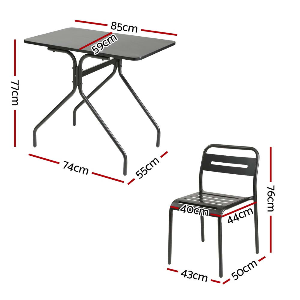 Gardeon 3PC Outdoor Bistro Set Patio Furniture Steel Table and Chairs Black - Outdoorium