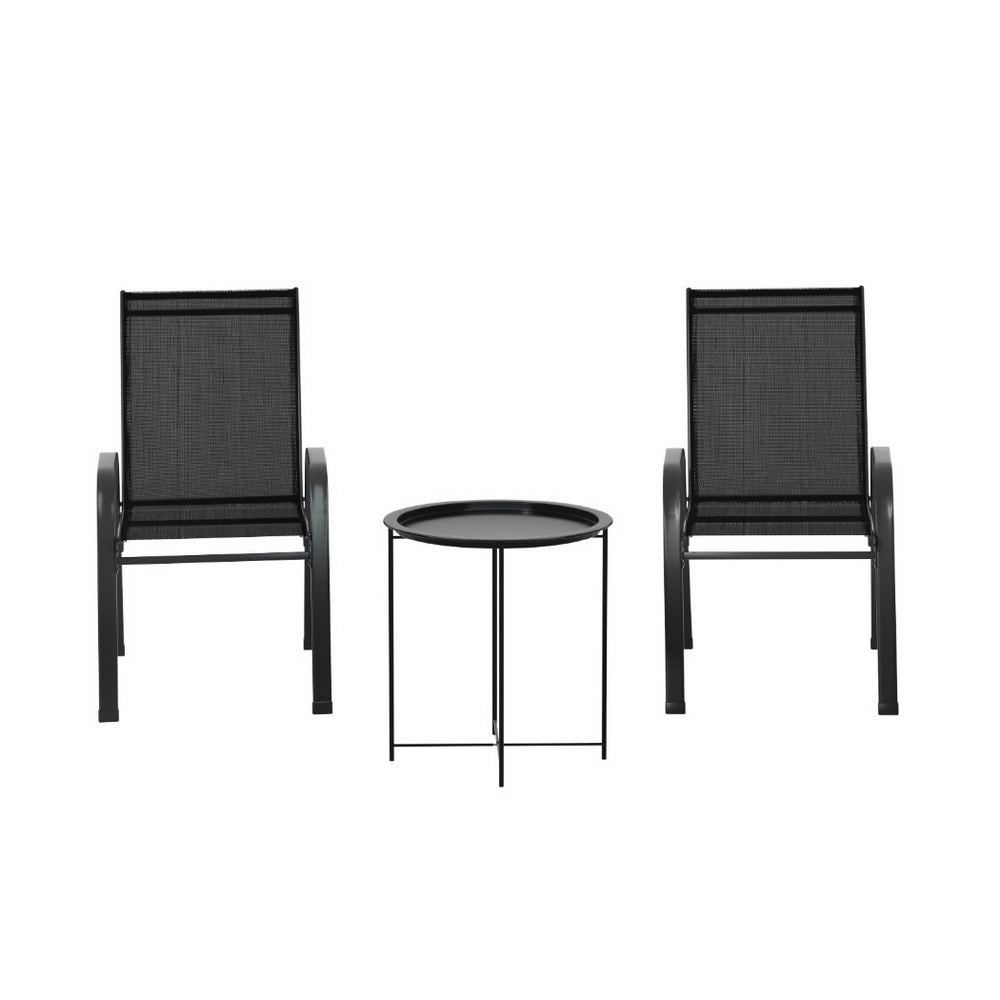 Gardeon 3PC Outdoor Bistro Set Patio Furniture Table and Chairs Stackable Black - Outdoorium