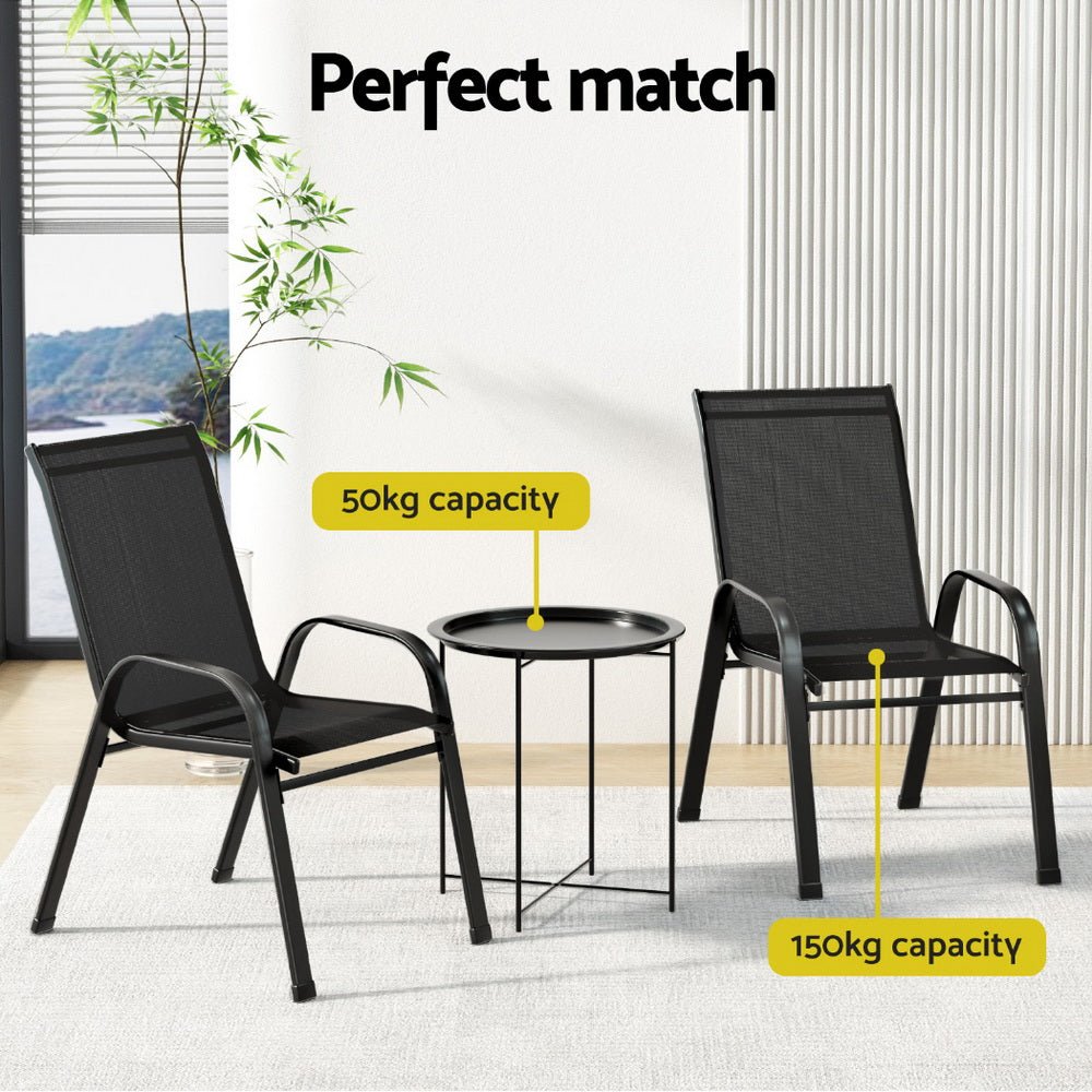 Gardeon 3PC Outdoor Bistro Set Patio Furniture Table and Chairs Stackable Black - Outdoorium