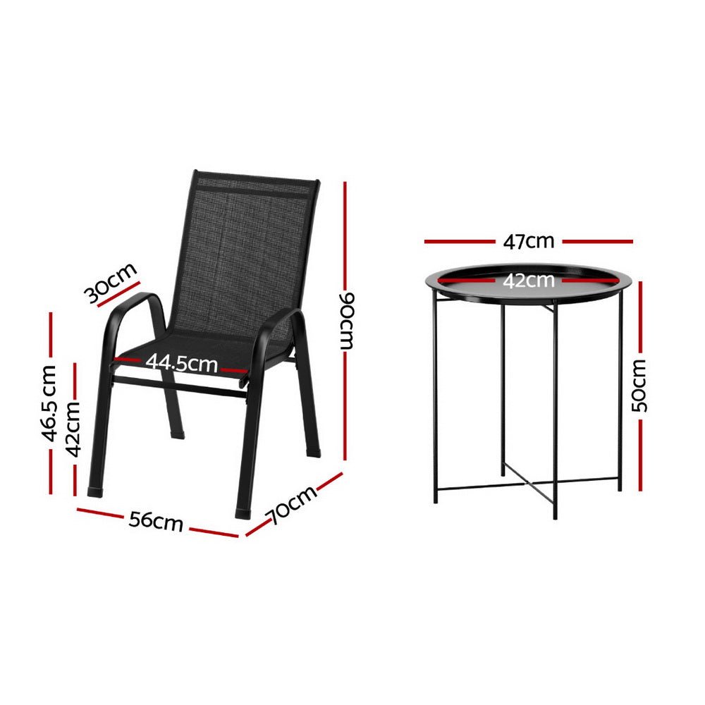 Gardeon 3PC Outdoor Bistro Set Patio Furniture Table and Chairs Stackable Black - Outdoorium