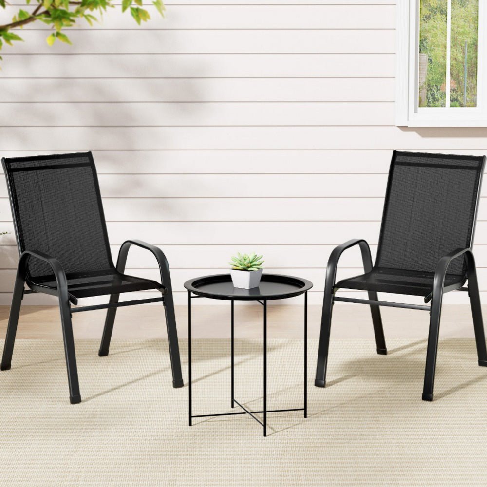 Gardeon 3PC Outdoor Bistro Set Patio Furniture Table and Chairs Stackable Black - Outdoorium