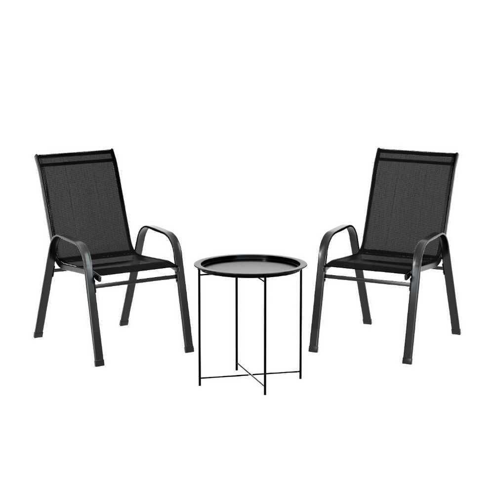 Gardeon 3PC Outdoor Bistro Set Patio Furniture Table and Chairs Stackable Black - Outdoorium