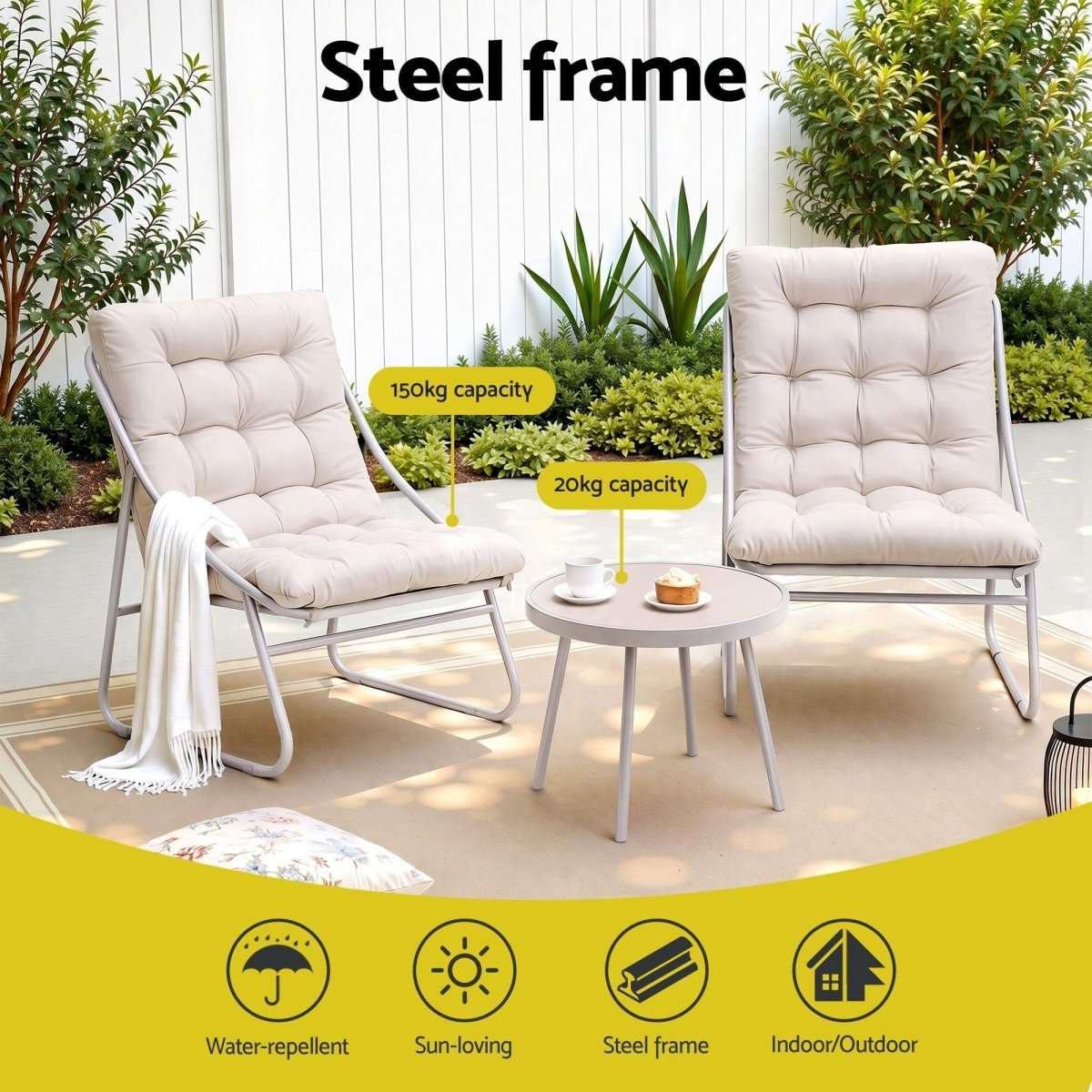 Gardeon 3PC Outdoor Bistro Set Patio Furniture Table and Chairs Steel Dining Chair Khaki | Furniture > Outdoor > Outdoor Dining Sets