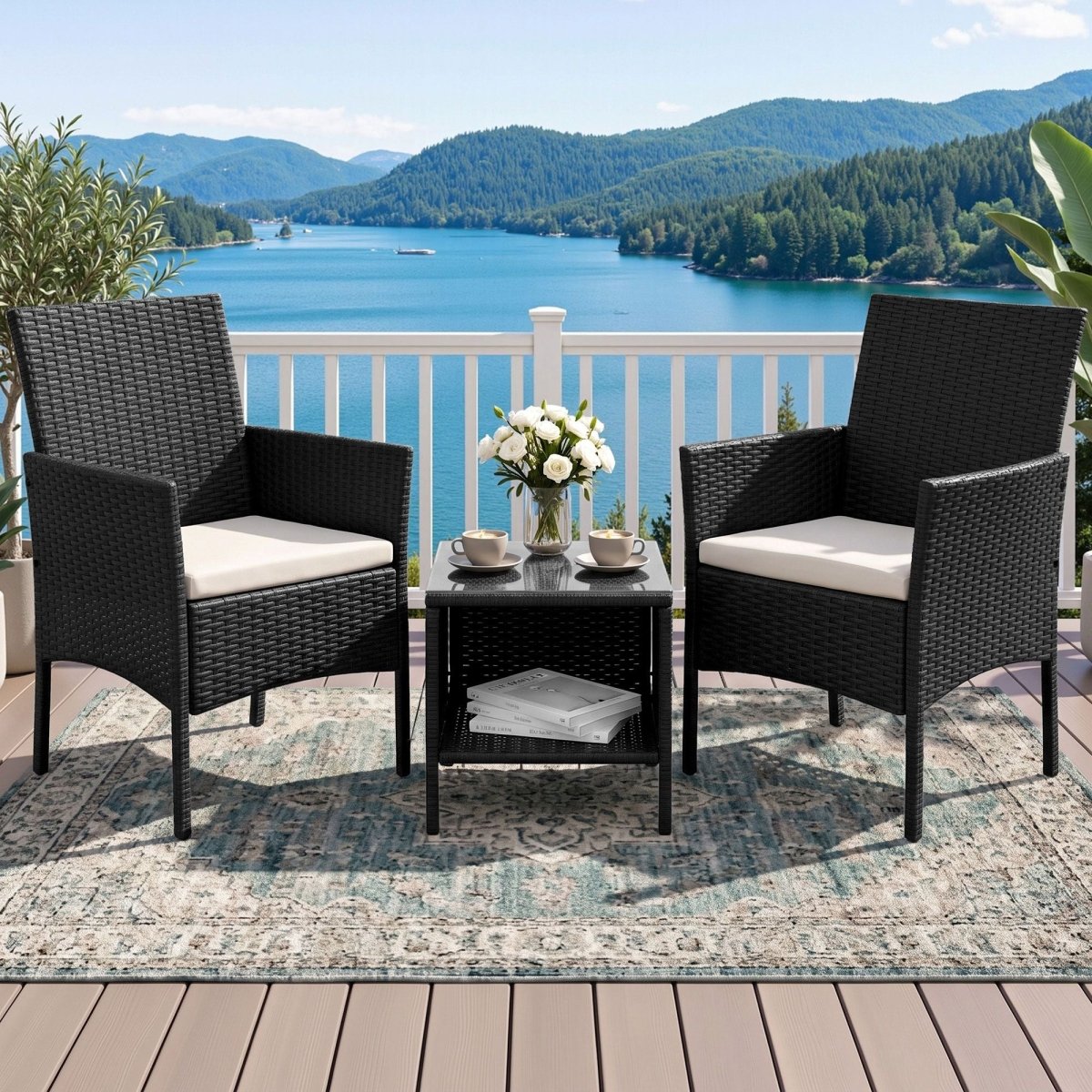 Gardeon 3PC Outdoor Bistro Set Patio Furniture Wicker Setting Chairs Table Cushion Black