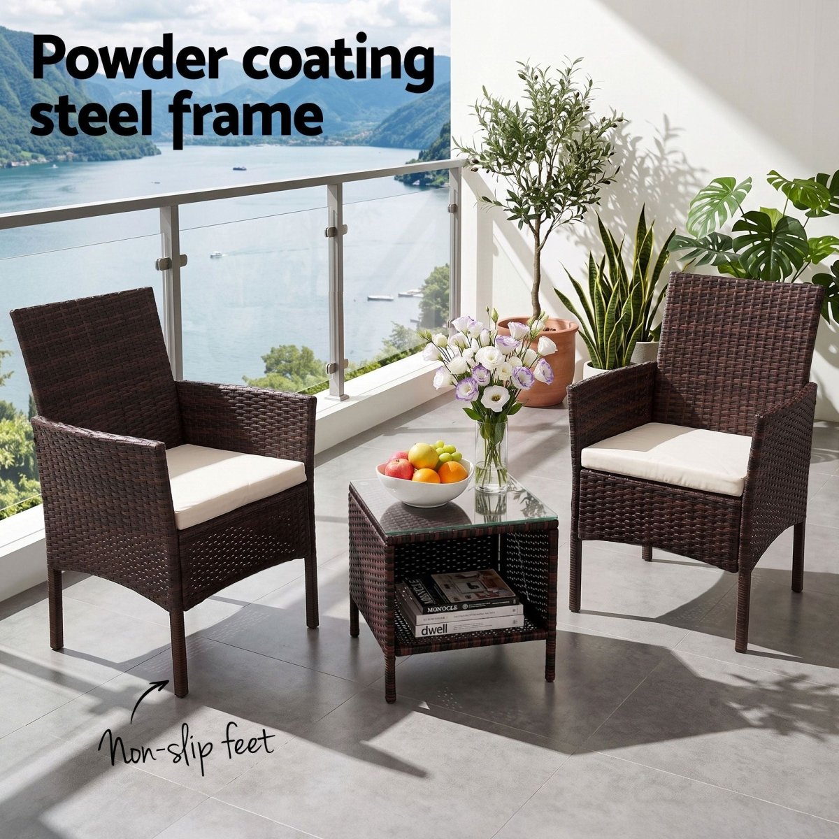 Gardeon 3PC Outdoor Bistro Set Patio Furniture Wicker Setting Chairs Table Cushion Brown - product image 4