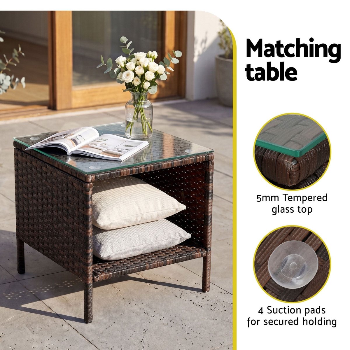 Gardeon 3PC Outdoor Bistro Set Patio Furniture Wicker Setting Chairs Table Cushion Brown - product image 7