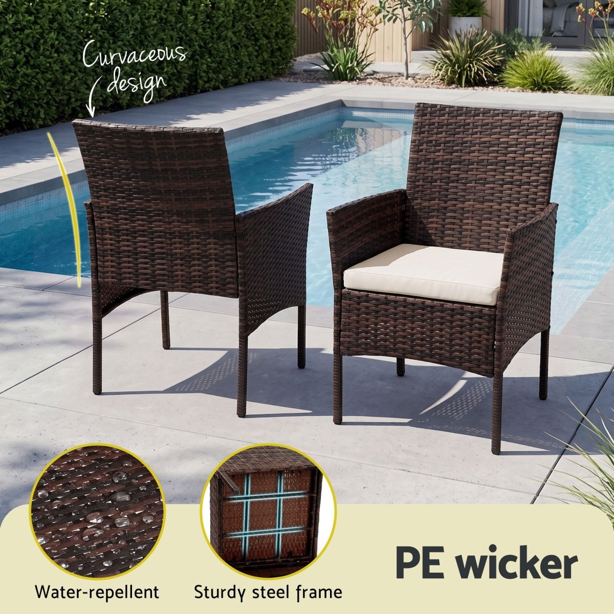 Gardeon 3PC Outdoor Bistro Set Patio Furniture Wicker Setting Chairs Table Cushion Brown - product image 5