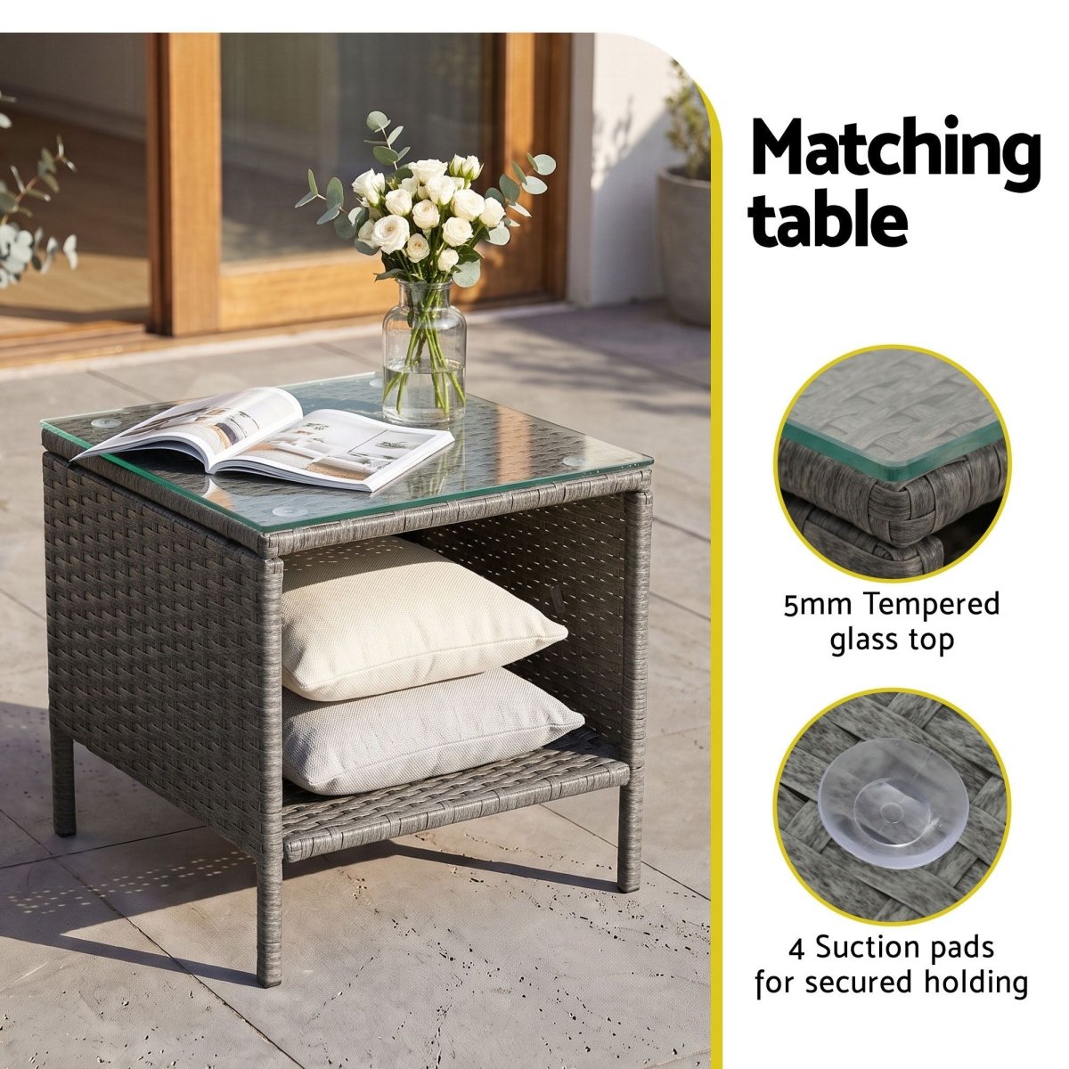 Gardeon 3PC Outdoor Bistro Set Patio Furniture Wicker Setting Chairs Table Cushion Grey
