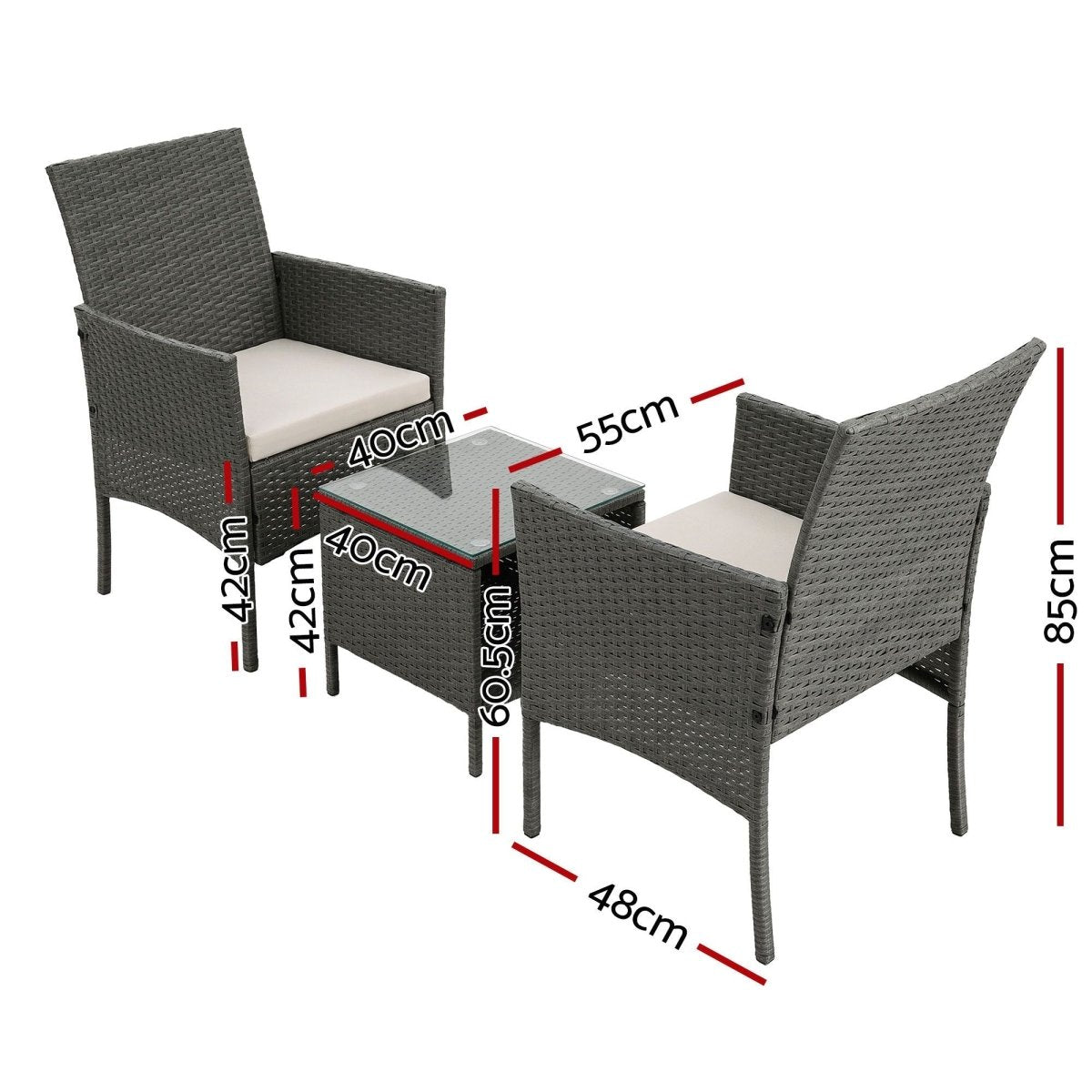 Gardeon 3PC Outdoor Bistro Set Patio Furniture Wicker Setting Chairs Table Cushion Grey