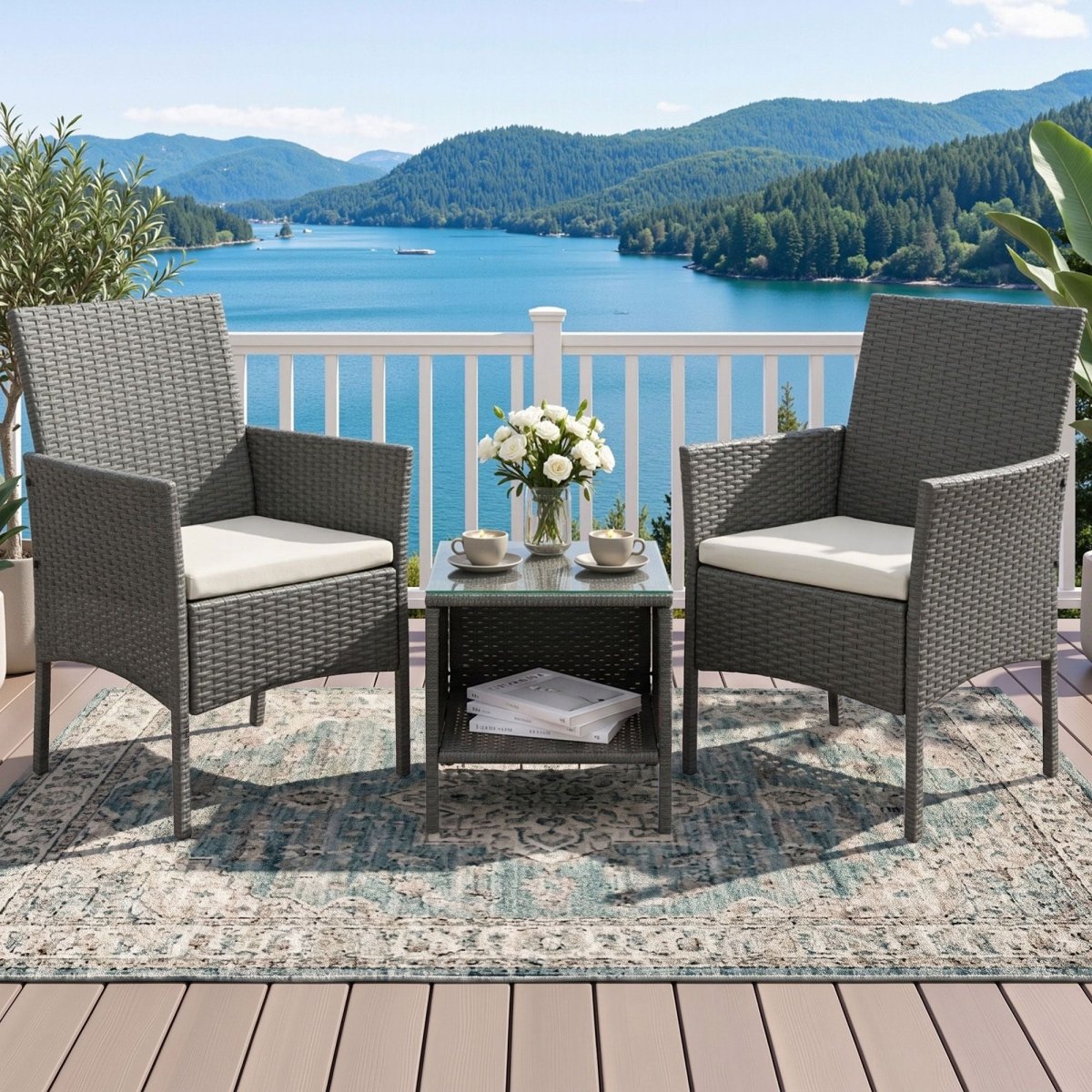 Gardeon 3PC Outdoor Bistro Set Patio Furniture Wicker Setting Chairs Table Cushion Grey