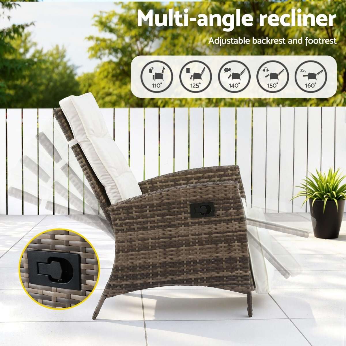 Gardeon 3PC Outdoor Bistro Set Recliner Chairs Table Sun lounge Patio Furniture Wicker Adjustable | Furniture > Outdoor > Outdoor Chairs
